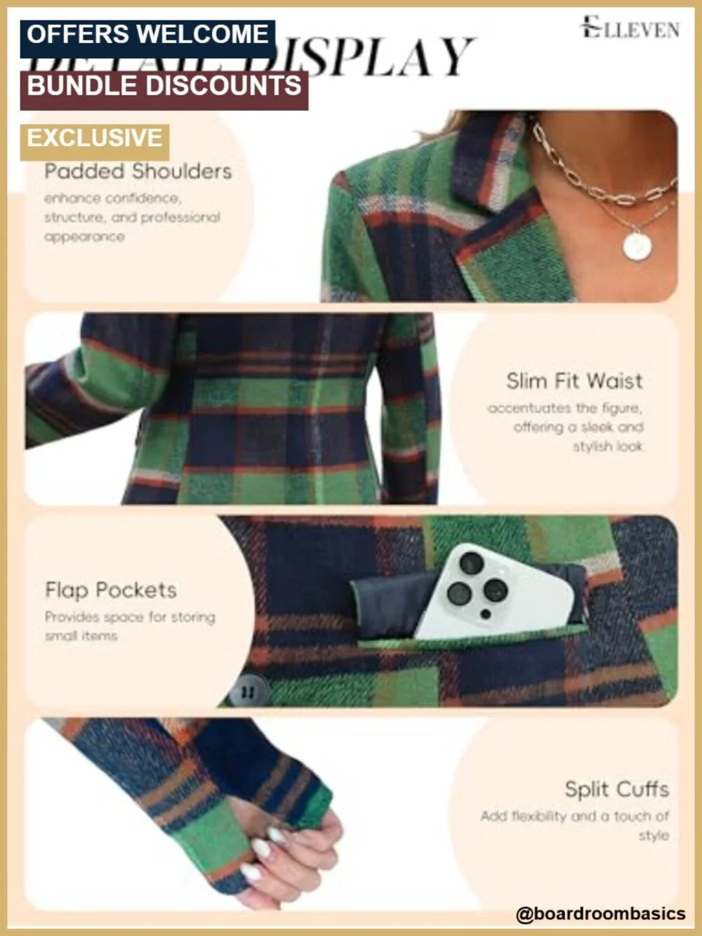 Women's Business Casual Plaid Blazer Notched Lapel Long Sleeve Blazer with